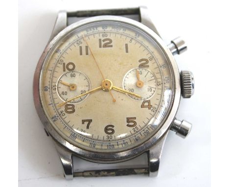 An anonymous gent's vintage steel cased chronograph wristwatch, circa 1950s, having an unsigned silvered (badly discoloured) 