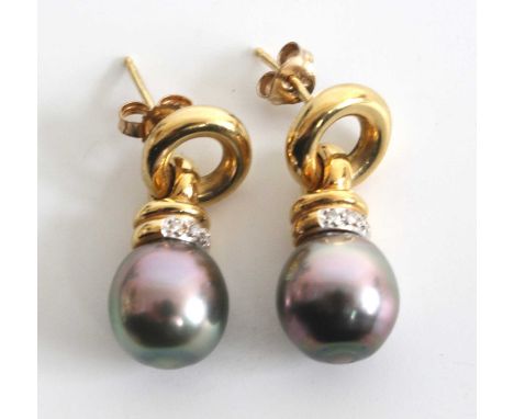 A pair of 18ct yellow gold, pearl and diamond drop earrings, each with a 10 x 9.8mm grey cultured freshwater pearl suspended 