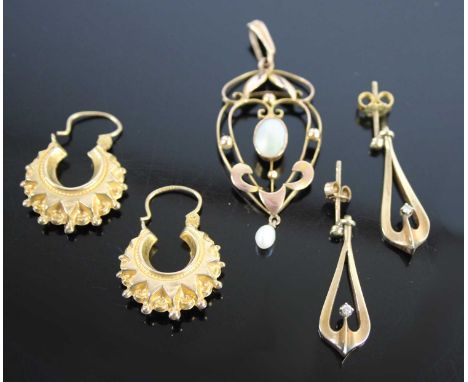 An Art Nouveau 9ct gold and cultured pearl set openwork pendant, 4cm (excluding bale); together with a pair of 9ct hollow gol