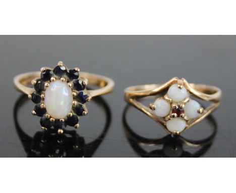 A modern 9ct gold, opal and sapphire flowerhead cluster ring, size M; together with a 9ct gold, opal and garnet point set clu