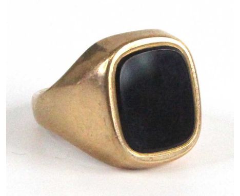 A modern gent's 9ct gold and  black onyx set signet ring, 9.1g, sponsor P&amp;G, size R