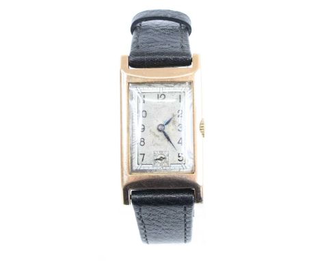 An Art Deco gent's 9ct gold cased tank watch having unsigned silvered dial with subsidiary seconds dial at 6 o'clock, unsigne