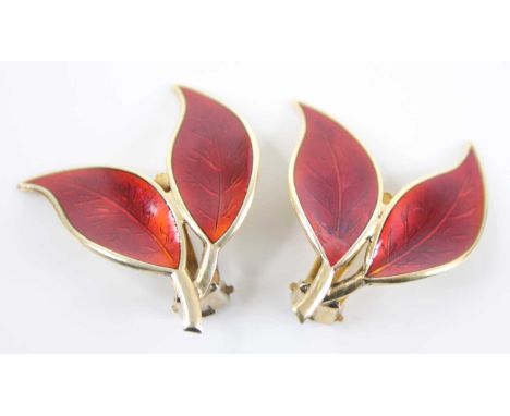 A pair of David Andersen silver-gilt and red enamel ear clips, fashioned as twin adjoined leaves, stamped verso, 9g, 3.1cm 