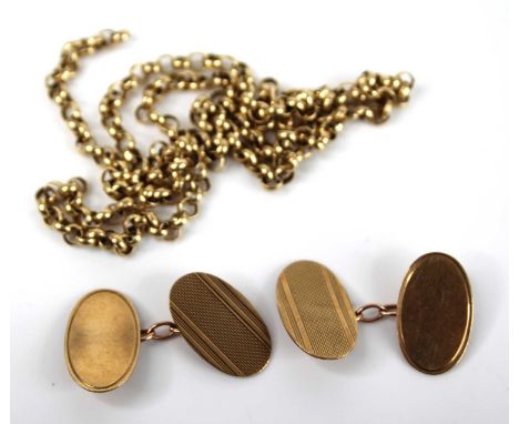 A 9ct gold belcher link neck chain, 50cm (a/f); together with a pair of 9ct gold engine turned cufflinks, 6.5g (2)