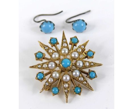 A yellow metal turquoise and pearl eight-ray star brooch, comprising nine 2.75 to 3.65mm turquoise cabochons and twenty-four 