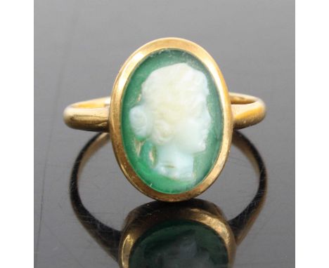 An 18ct gold carved shell cameo signet ring, the oval cameo measuring 14.5x10mm, sponsor RP, Chester 1920, 4.6g, size Q