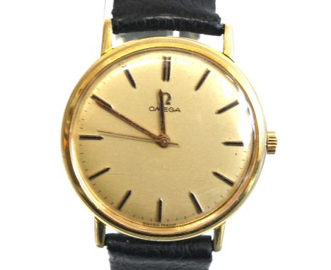 A gent's steel and yellow gold plated Omega manual wind wrist watch with round champagne baton dial, fitted to a non-related 