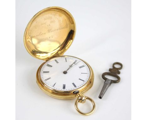 A 18ct gold lady's full hunter keywind pocket watch, having engraved case and white Roman dial, engraved 'Expedition Universe