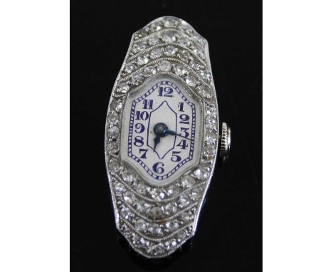 A French Art Deco platinum cased and diamond inset cocktail watch, having shaped oval Arabic dial, manual wind movement, all 
