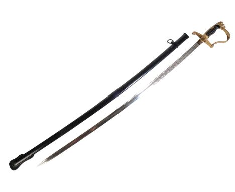 A GERMAN MILITARY OFFICER'S SWORD BY E &amp; F HORSTER with plated curved blade, brass stirrup guard and wire-bound black rib