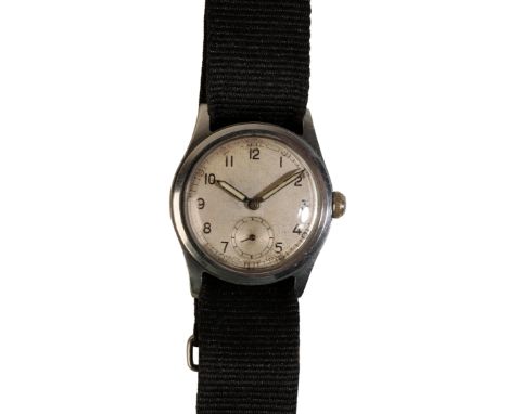 AN ARMY TIMEPIECE WRISTWATCH with manual wind movement, the silver dial with black Arabic numerals, dark steel luminous hands