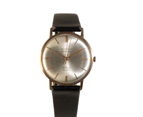 A ROTARY 9CT GOLD GENTLEMAN'S WRISTWATCH with automatic movement, the silver dial with gold baton numerals and hands, on a bl