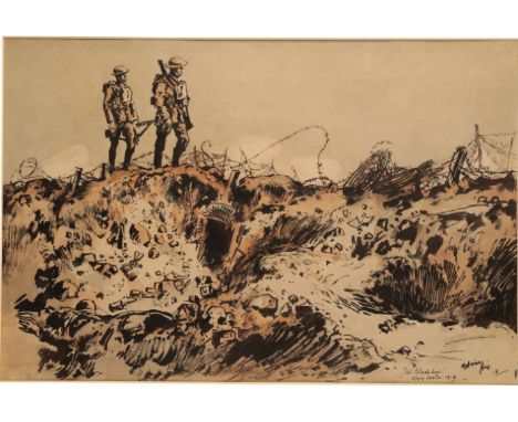 *ADRIAN HILL (1895-1977) 'The Black Line, Oppy Sector, 1918' First World War trench scene with two soldiers surveying the fie