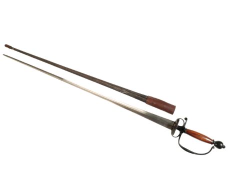 A LATE 19TH CENTURY CONTINENTAL RAPIER with a triangular tapering blade, steel hilt and wooden grip handle with bulbous pomme