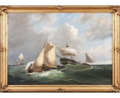 UNBEKANNT (19. Jahrhundert)Öl auf Leinwand (auf Platte montiert), "Segler auf stürmischer See" (1858), unten rechts signiert 