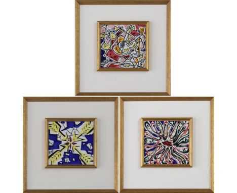 3 SALVADOR DALI Künstler-Wandfliesen aus der Serie "La Suite Catalane"1954, heller Scherben, weiß glasiert, mit polychromen e