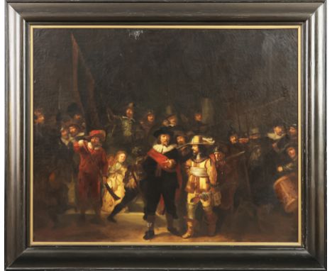 Kopie des 19. Jahrhunderts nach REMBRANDT HARMENSZOON VAN RIJNÖl auf Leinwand, "Die Nachtwache" (um 1850), verso bekröntes Wa