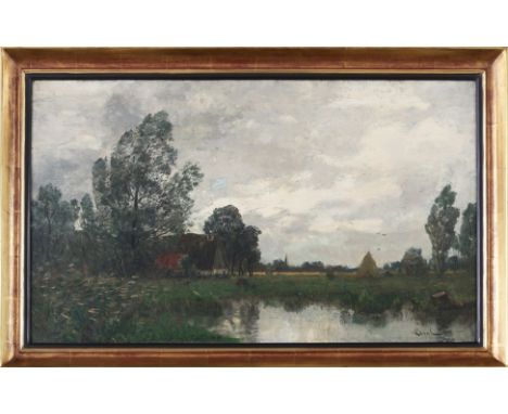 GILBERT VON CANAL (1849 Laibach/Österreich - 1927 Dresden)Öl auf Leinwand, "Bauernhaus in Felderlandschaft mit Weiher", unten