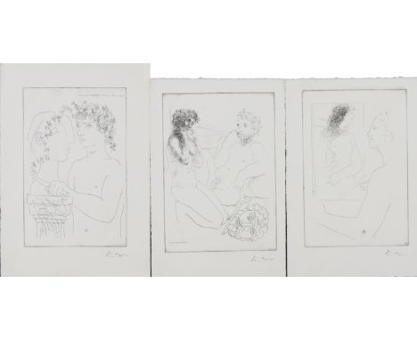 Nach PABLO PICASSO (1881 Málaga - 1973 Mougins)3 Radierungen auf Arches-Bütten, 1x "Sculpteur et modèle agenouillé" (1933, hi
