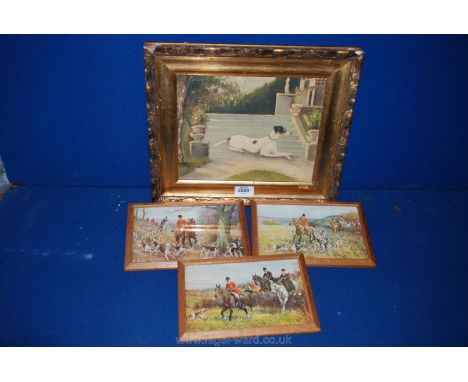 An Oil painting of a Dog on steps of a grand house and a set of three hunting Prints in oak frames