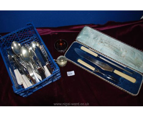 A box of mixed vintage Cutlery and a boxed Carving set by Christopher Johnson & Co.