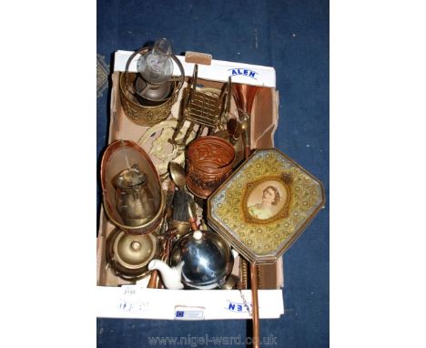 A quantity of brass including old rocking chair, shoe, bell, horn, horseshoe, insulated teapot, etc.