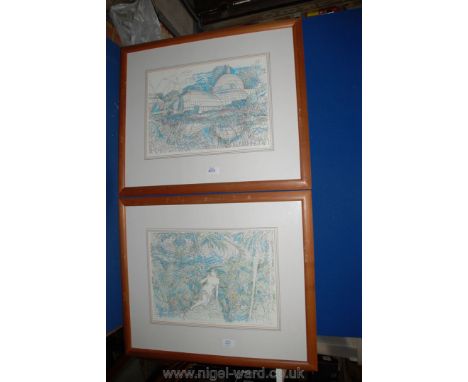 Richard Demarco RSW OBE b. 1930. Pair of signed artist proof Prints of Kibble Palace glass house at Glasgow's Royal Botanic G