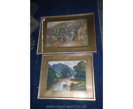 Sam Dean: two large Watercolours of a farmer's wife and a river scene