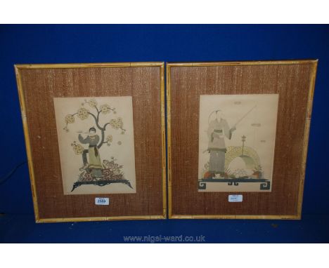 A pair of oriental Prints in matching bamboo frames including one of a fishing scene
