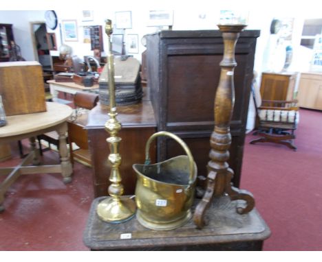 Brass coal bucket, brass standard lamp base & wooden candle holder