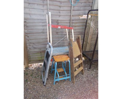 Wooden step ladder, 2 stools and platform step