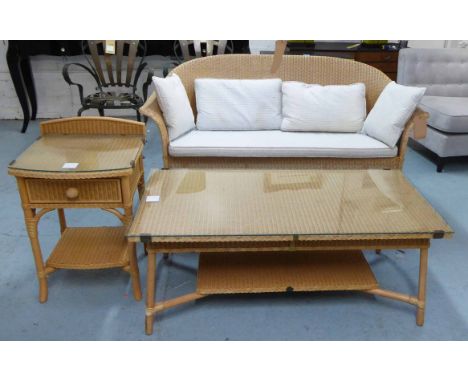 WICKER CONSERVATORY SOFA, 146cm W and side table 45cm and coffee table 120cm L x 80cm. (3) (with faults)