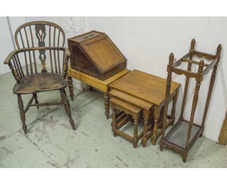 WINDSOR ARMCHAIR, 19th century ash and elm, a nest of oak tables, a stick stand, Victorian ash bidet and coal purdonium. (5)