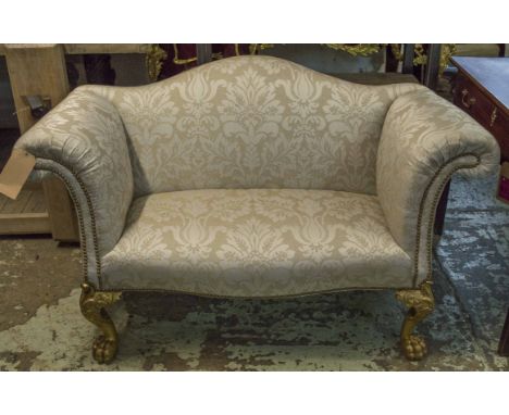 SOFA, George II style of compact proportions with patterned upholstery, studded detail and gilt cabriole supports, 135cm W x 