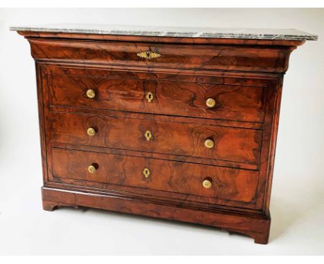 COMMODE, 19th century French Louis Philippe, burr walnut and gilt metal mounted, with four long drawers and St Anne variegate
