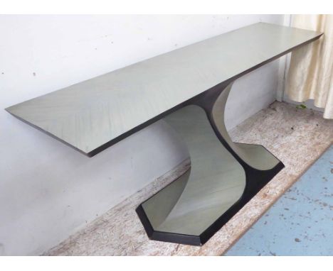 CONSOLE TABLE, contemporary style on swept base, 161cm x 41cm x 72cm H. 