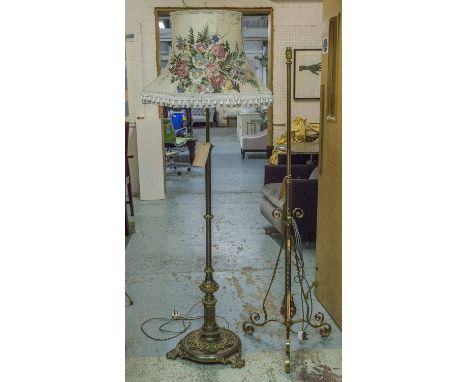 STANDING LAMP, late Victorian brass with telescopic stem and floral shade min 178cm H and an early 20th century brass and cop