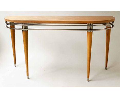 ETHAN ALLEN CONSOLE TABLE, rounded rectangular fruitwood and polished stainless steel with tapering supports, 136cm W.