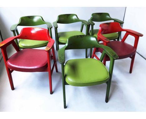 DINING CHAIRS, a set of six, bow back with matching vinyl upholstered seat, four green, two red. (6)