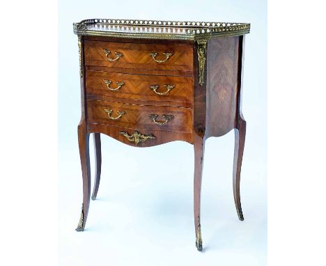 SERPENTINE PETITE COMMODE, French transitional style kingwood and gilt metal mounted with gallery and three drawers, 75cm H x
