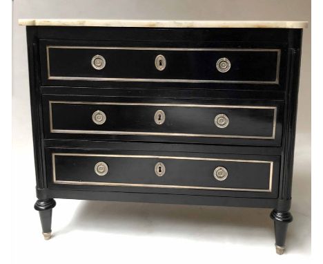 DIRECTOIRE COMMODE, late 18th century French of small proportions ebonised and silvered metal mounted with three long drawers