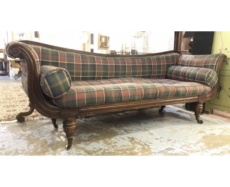 SOFA, Regency rosewood scrolling frame with tartan upholstery and bolster cushions, raised on turned supports and brass casto