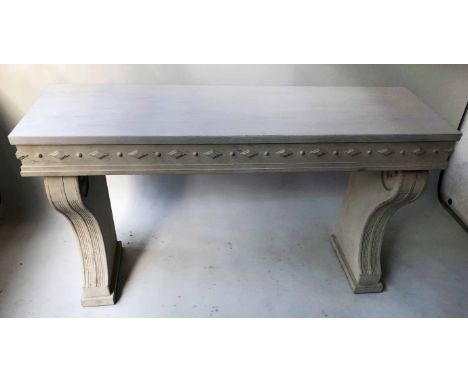 CONSOLE TABLE, 19th century French style, traditionally grey painted rectangular with bold scroll trestle reeded supports, 15
