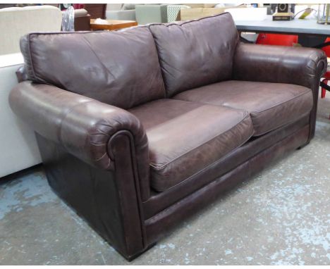 PARKER KNOLL SOFA, two seater in tanned leather on block supports, 175cm L.