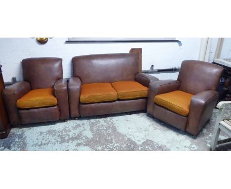 CLUB ARMCHAIRS, a pair, mid 20th century upholstered in tan leather with orange seat cushions 83cm W together with matching t