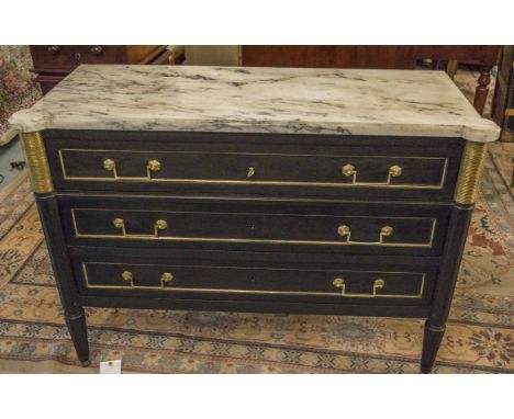 COMMODE, Directoire style, ebonised and brass mounted with white marble top above three drawers, 85c H x 120cm W x 48cm D.