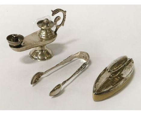 PERSIAN SILVER OIL LAMP &amp; TWO OTHER SILVER ITEMS