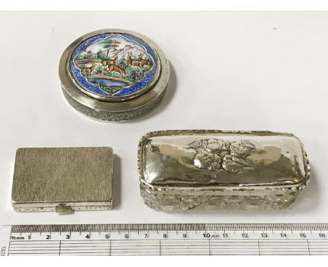 PERSIAN SILVER LIDDED SNUFF BOX, ENAMELLED TOP WITH A SILVER STAMP BOX &amp; SILVER LIDDED POT