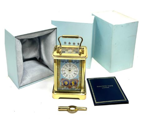Boxed Halcyon days brass &amp; enamel carriage clock the clock is in working order original boxed with booklet and key measur