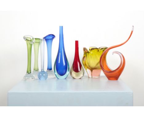 TWO MURANO SOMMERSO TEARDROP VASESmid-century, modern, one in red and the other in blue, the taller 27cm; together with other